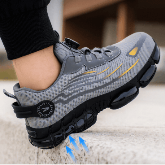 "Orthopedische veiligheidsschoenen voor heren, comfortabel ontwerp met brede teenkap, stalen neus en antislipzool."