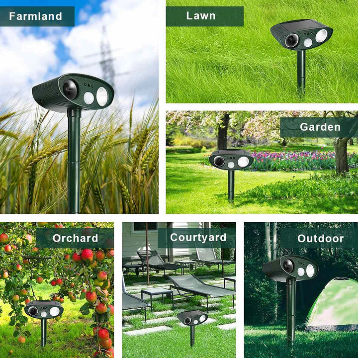 Hertenverjager op zonne-energie, weerbestendig. Houdt herten, katten en reigers uit uw tuin met ultrasoon.