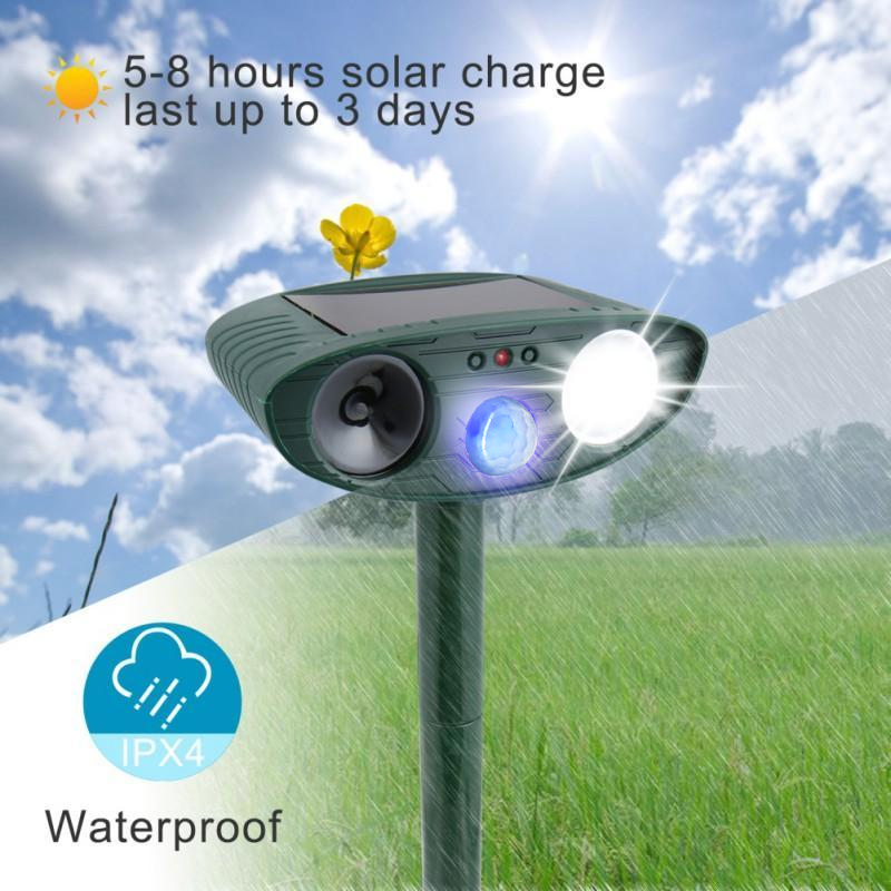 Ultrasoon hertenverjager met bewegingssensor. Zonne-energie voor ongediertebestrijding en tuinbescherming.