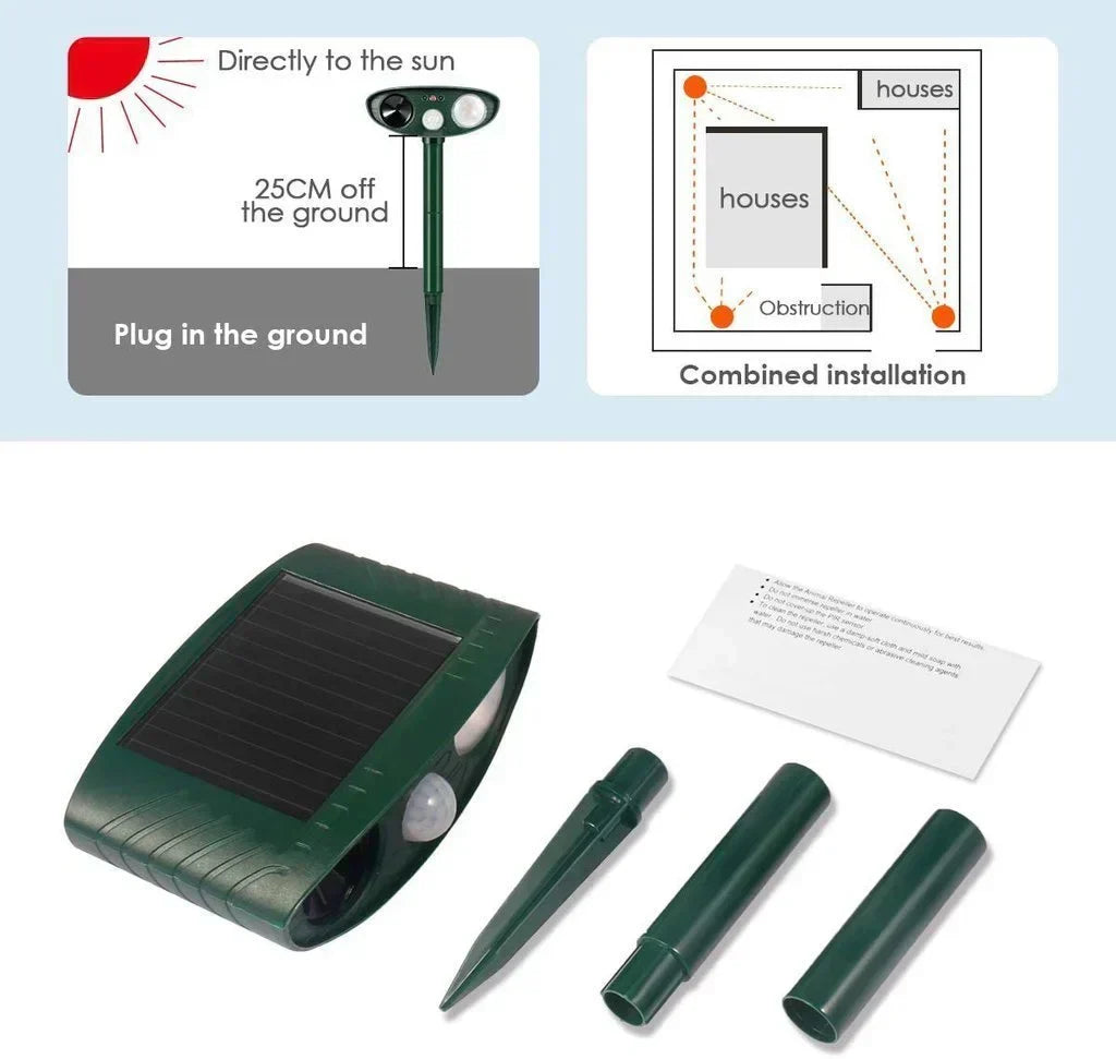 Compacte dierenverjager op zonne-energie. Ultrasoon geluid houdt reigers, herten en katten weg.