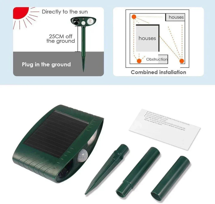 Compacte dierenverjager op zonne-energie. Ultrasoon geluid houdt reigers, herten en katten weg.
