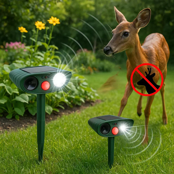 Duurzame tuinbescherming: ultrasoon hertenverjager. Zonne-energie en bewegingssensor voor buiten.