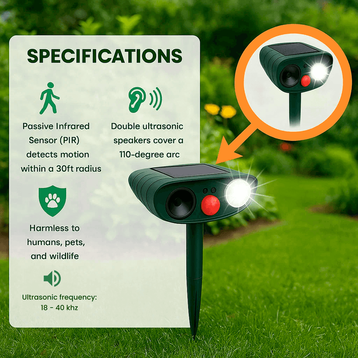 Humane dierenverjager. Ultrasoon, zonne-energie. Beschermt uw tuin eco-vriendelijk tegen herten en katten.