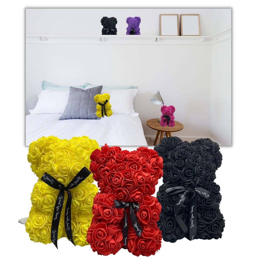 Handgemaakte rozenbeer, een prachtige en zachte bloemen teddybeer als uniek knuffelcadeau.