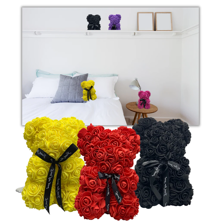 Handgemaakte rozenbeer, een prachtige en zachte bloemen teddybeer als uniek knuffelcadeau.