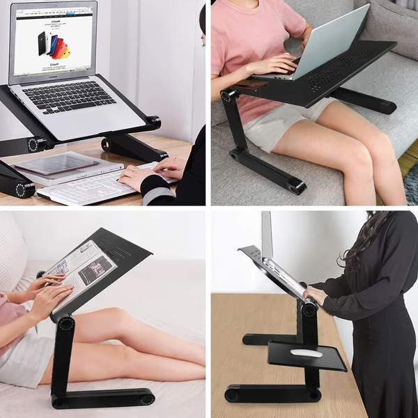 Verstelbare FlexStand laptopstandaard met laptop, perfect voor ergonomisch werken en het voorkomen van rug- en neklast.