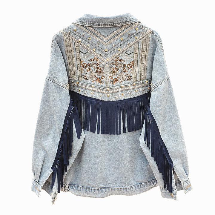 Diep navy damesjack met levendige bloemenprint en modieuze franjes, unieke bohemian kleding.