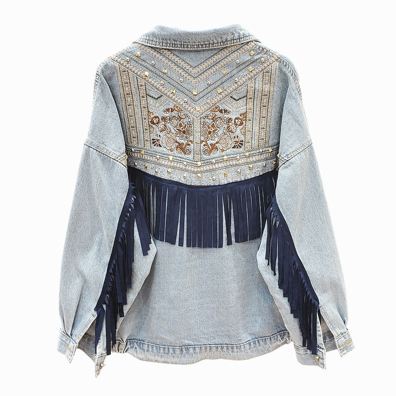 Comfortabel oversized dames boho jack met bloemenprint, navy kleur en decoratieve franjes, modieus.
