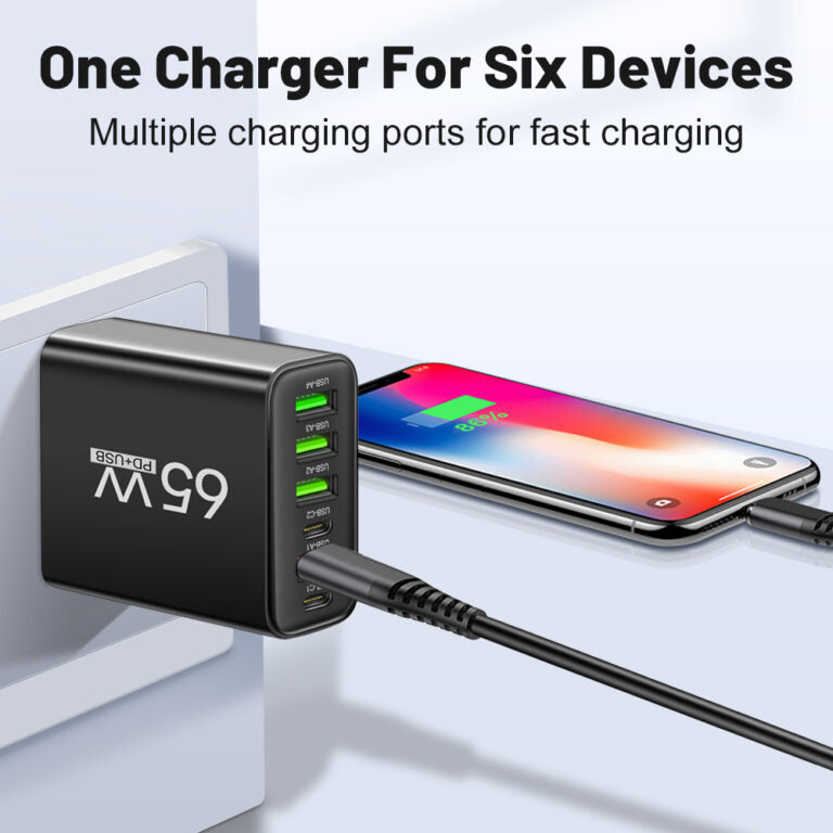 Snelle laptop & telefoon oplader: 65W vermogen met meerdere poorten. De compacte universele lader voor al je elektronica.