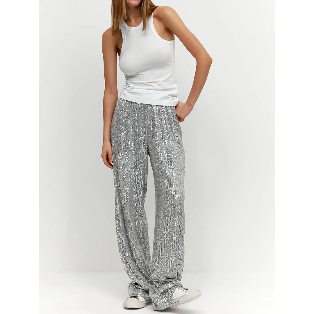 Zijdezachte pailletten damesbroek, perfect voor feesten en avondkleding. Schitterend in goud of zilver.