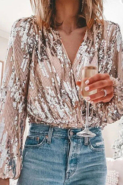 "Pailletten glamour blouse voor dames met V-hals en ballonmouwen, perfect voor feestelijke gelegenheden en elegante outfits."