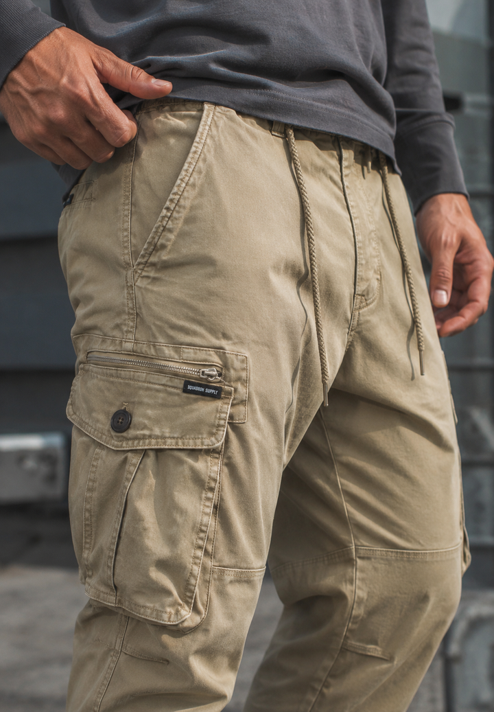 Praktische heren cargo joggerbroek met veilige ritszakken, perfect voor sportieve en casual outfits.