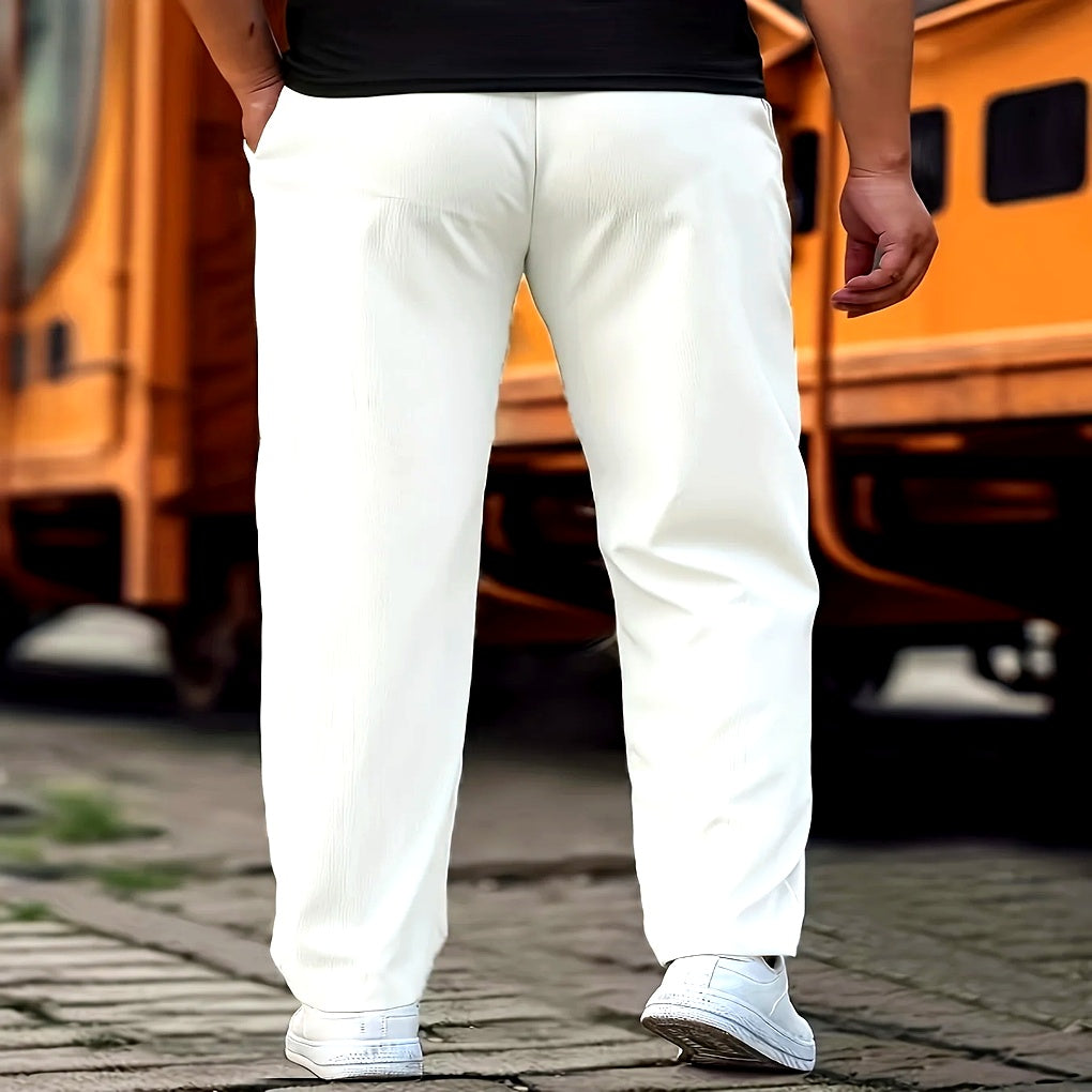Detail van de elastische katoenmix van een comfortabele groene heren casual broek. Stijlvol en praktisch.