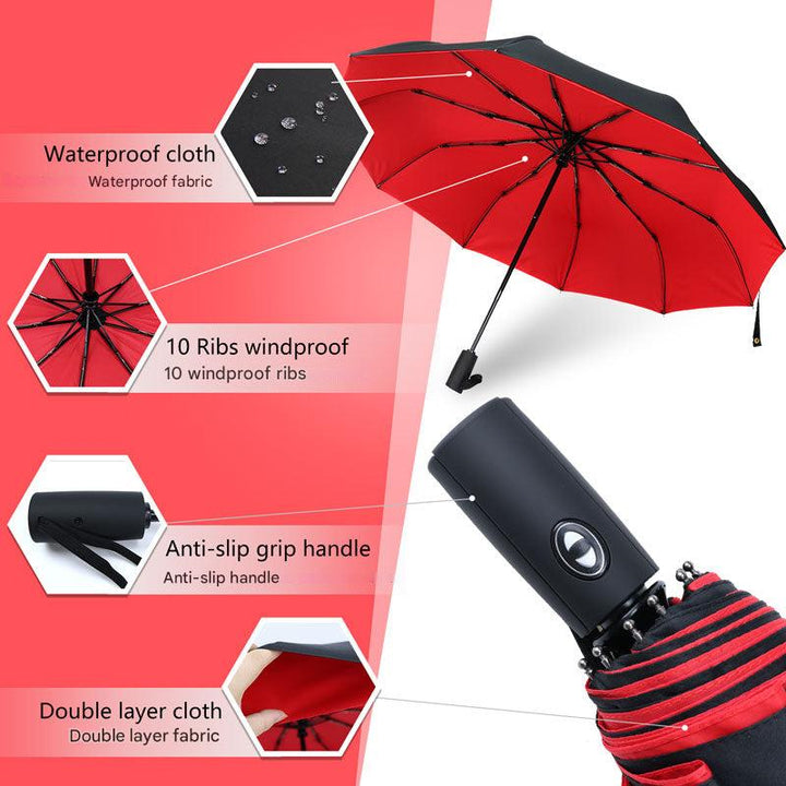 Gezin onder de stormbestendige paraplu, illustreert de ruime regenbescherming en het duurzame ontwerp.