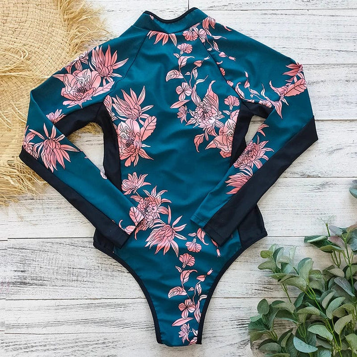 Trendy lange mouwen badpak met rits voor dames, comfortabel en UV beschermend voor zwemmen en strand.