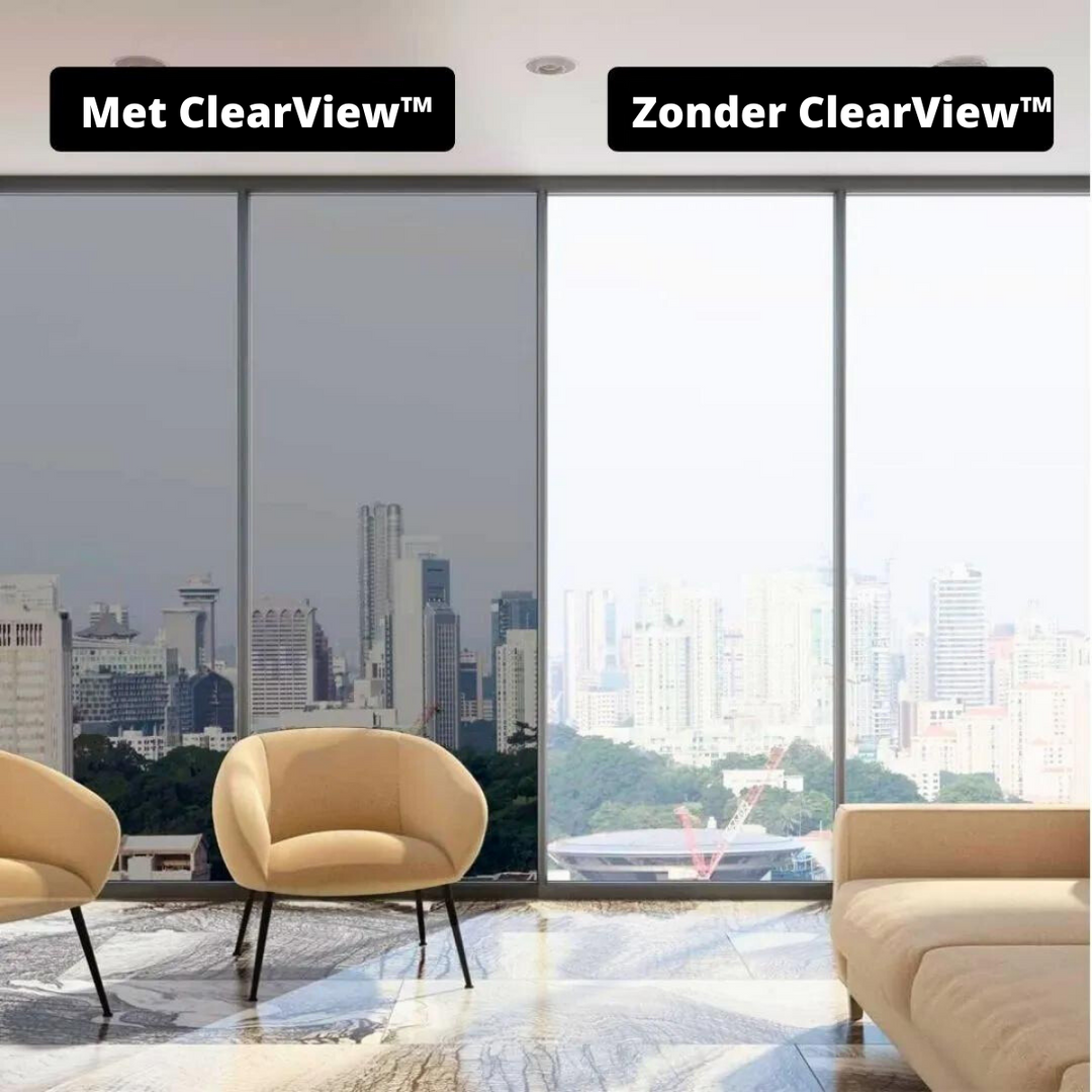 Decoratieve ClearView privacyfolie voor ramen; stijlvolle inkijkwering en volledige UV-bescherming.