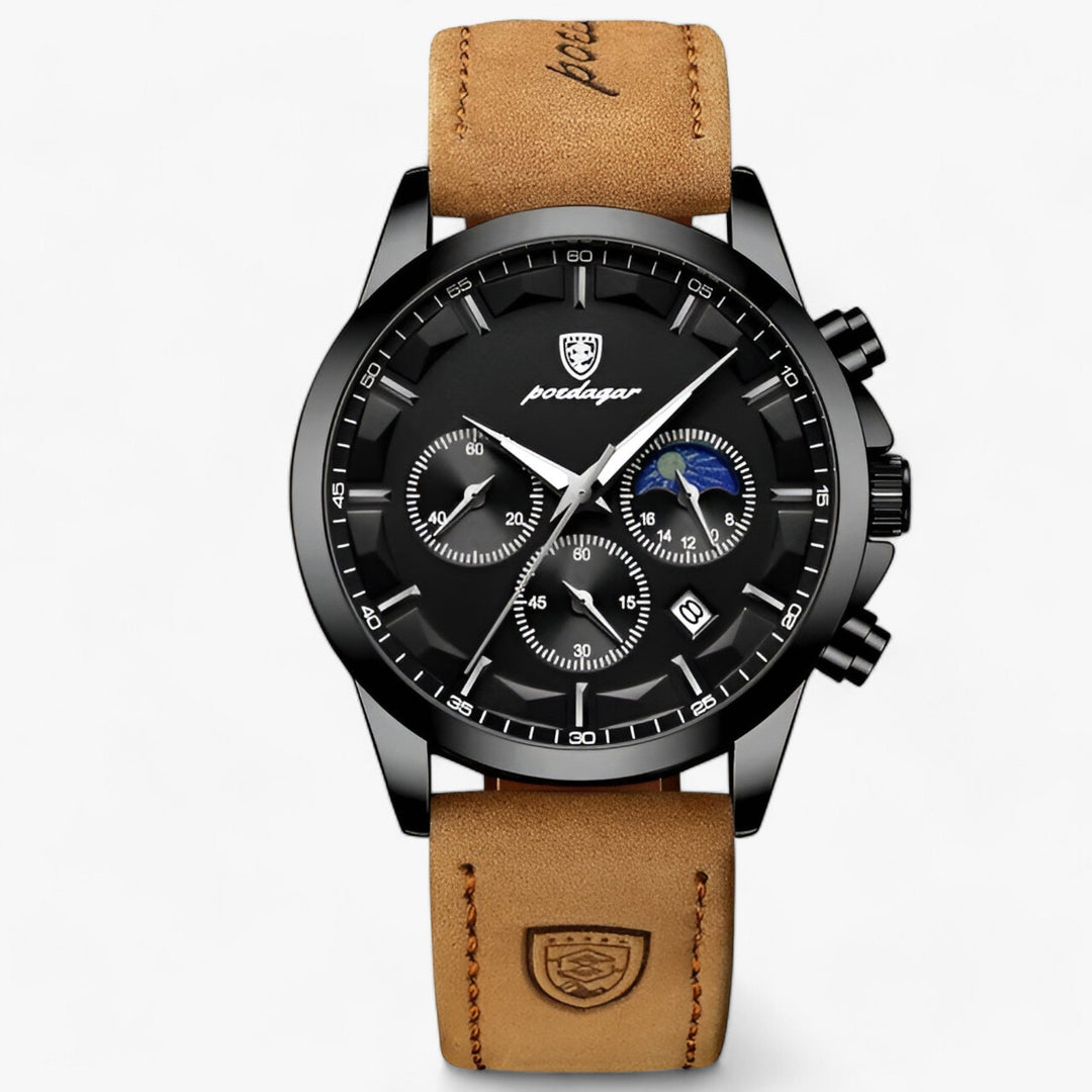 Stijlvol Cassian herenhorloge gefotografeerd op een donkere achtergrond, benadrukt de luxe en het modieuze design.