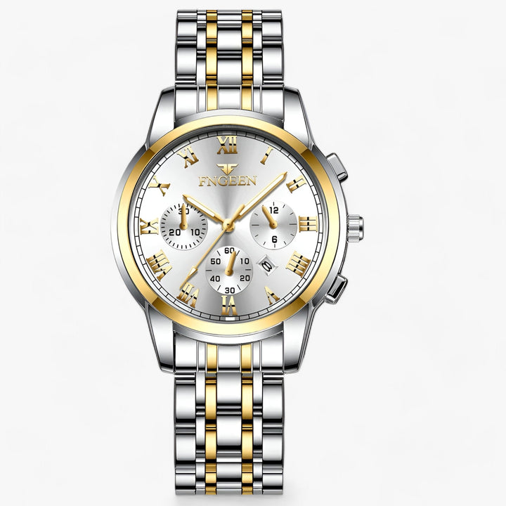 Gouden en zilveren luxe titanium dameshorloge Clémence, elegant en waterbestendig. Stijlvol accessoire.