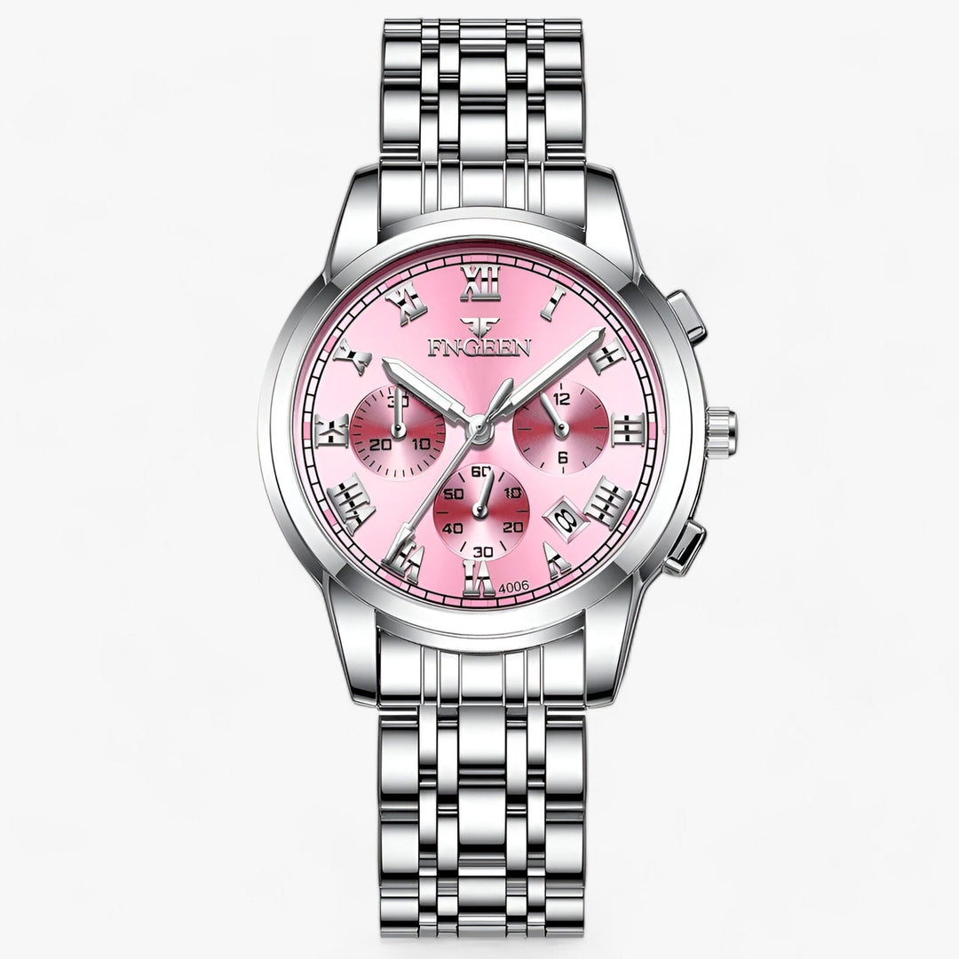Dames titanium horloge Clémence met goudkleurige accenten, waterbestendig en duurzaam quartz uurwerk.