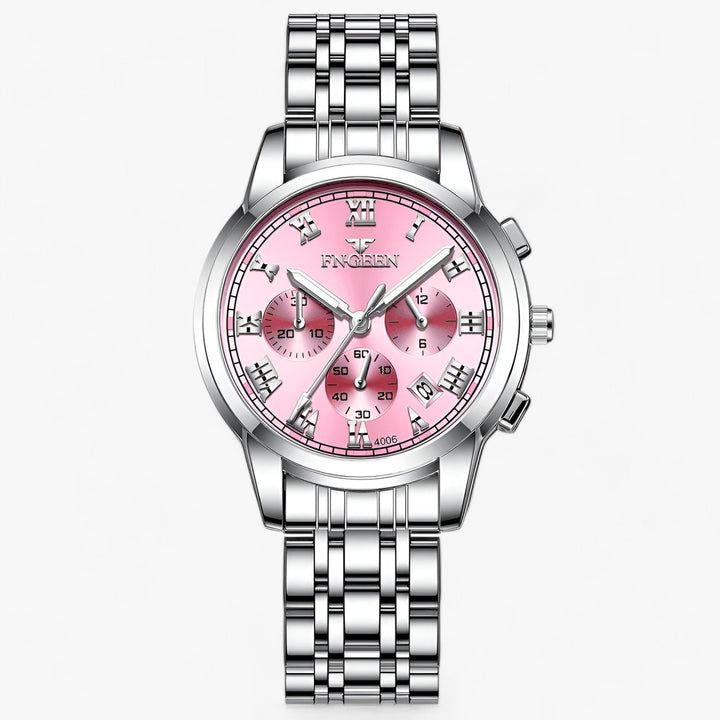 Dames titanium horloge Clémence met goudkleurige accenten, waterbestendig en duurzaam quartz uurwerk.