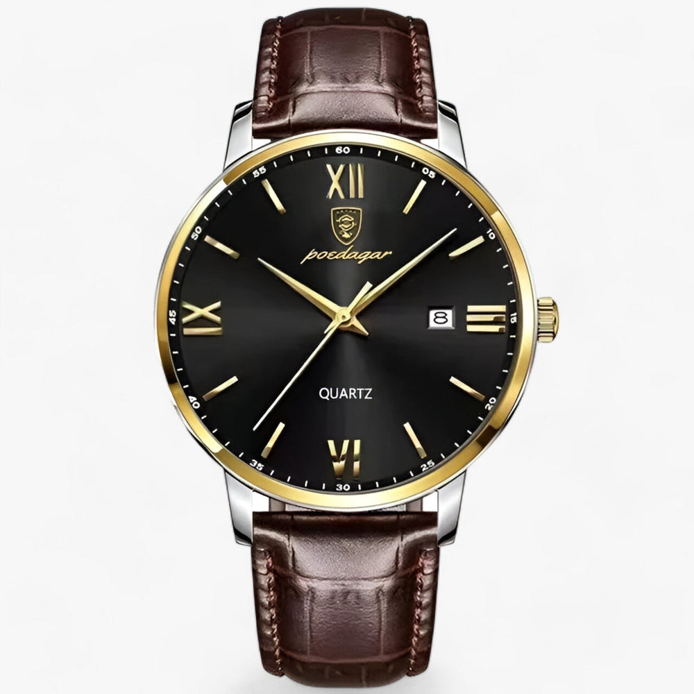 Elegant herenhorloge met hoogwaardige leren band en quartz uurwerk, perfect voor zakelijke of formele gelegenheden.