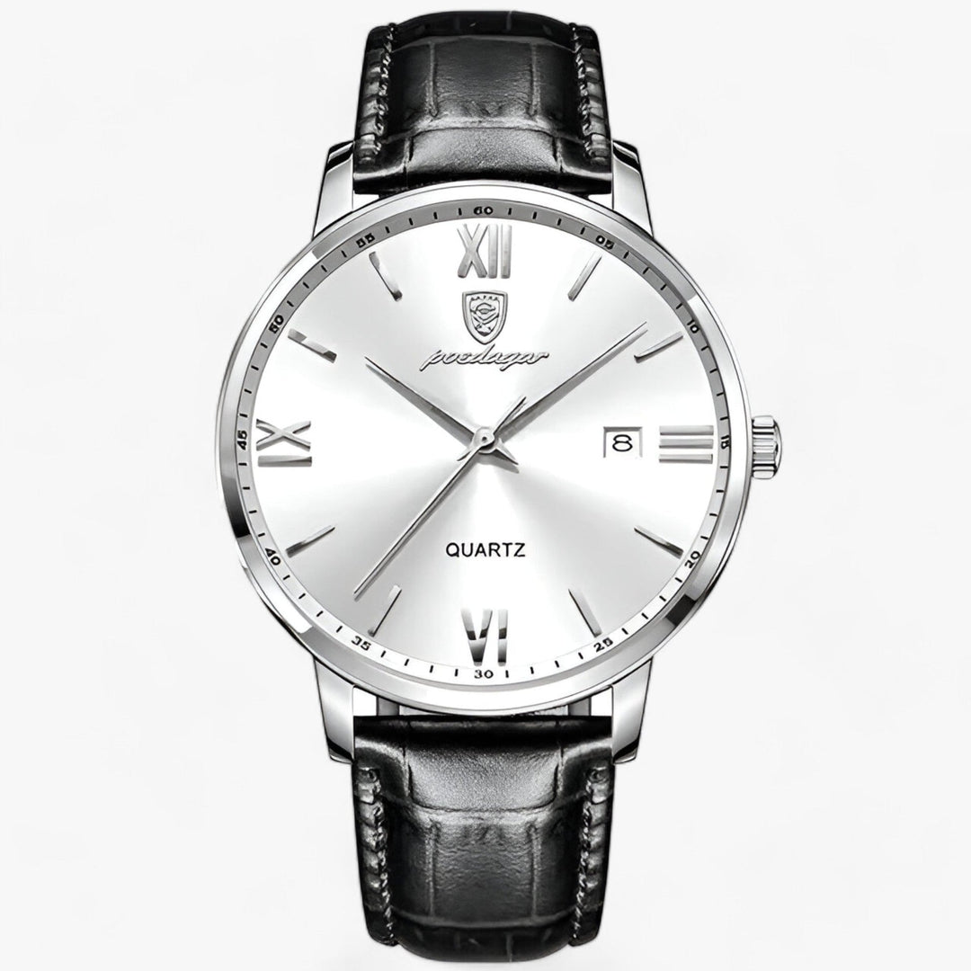 Close-up van het 'Adrien' herenhorloge, pronkend met de luxe wijzerplaat en gedetailleerde leren band.