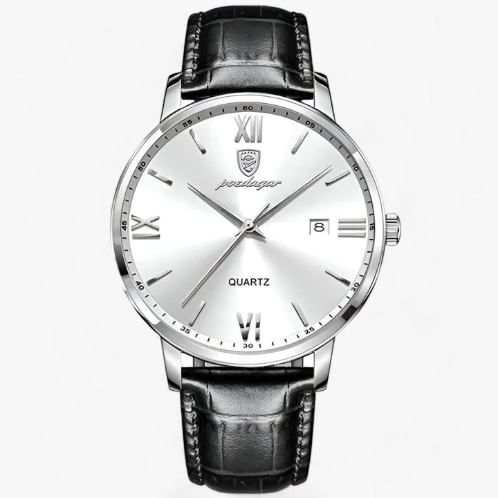 Close-up van het 'Adrien' herenhorloge, pronkend met de luxe wijzerplaat en gedetailleerde leren band.