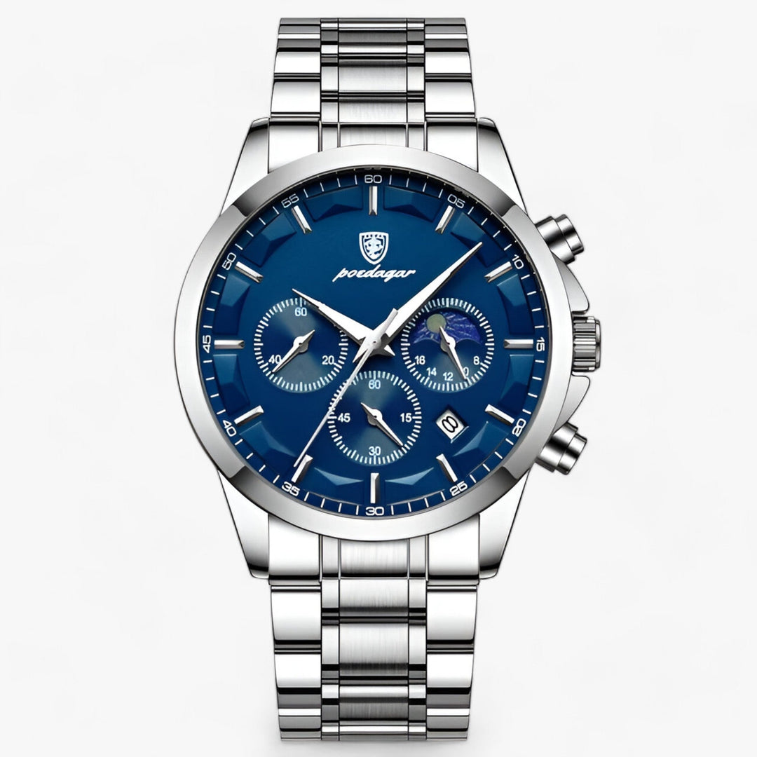 Gedetailleerde close-up van de wijzerplaat van het luxe Cassian herenhorloge, met precieze tijdsaanduiding en stijlvolle markers.