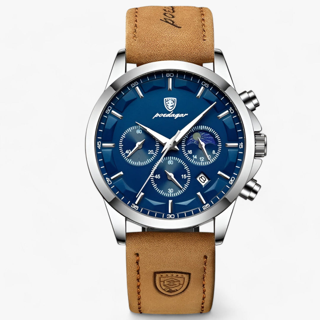 Chique Cassian herenhorloge met helderblauwe wijzerplaat, zilveren details en elegant design, een opvallend accessoire.