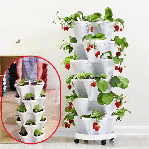 Stapelbare plantenbakken voor verticale tuin, ideaal voor balkon of terras. Ruimtebesparend en duurzaam.