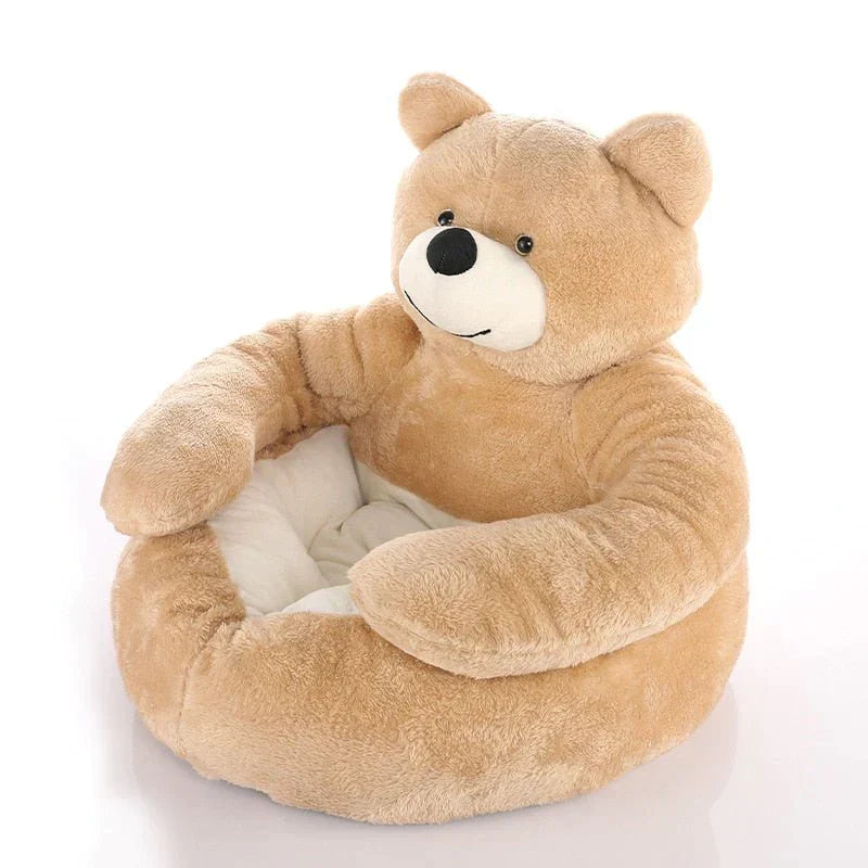 "Pluizig teddybeer huisdierenbed in bruin voor comfort en veiligheid, zachte bekleding en knuffelbaar ontwerp."