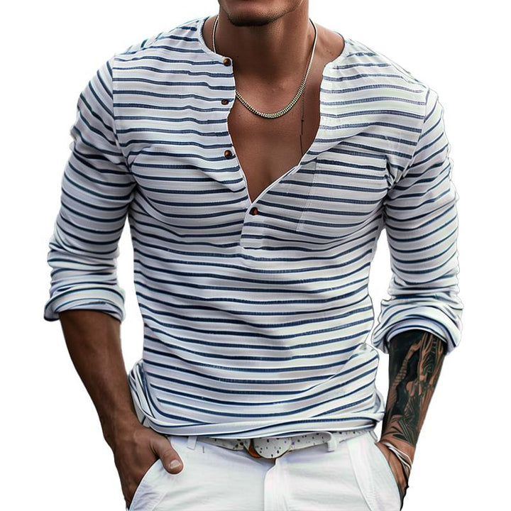 Gestreept heren Henley shirt met lange mouwen, casual en comfortabel voor alle seizoenen.