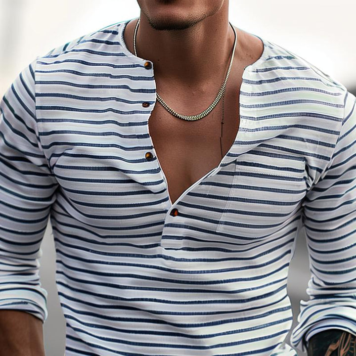 Casual gestreept Henley shirt voor heren, lange mouwen, comfortabel en veelzijdig voor elke dag.