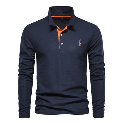 "Polo met lange mouwen voor heren, elegant borduursel, klassieke kraag, veelzijdig en comfortabel in marineblauw."