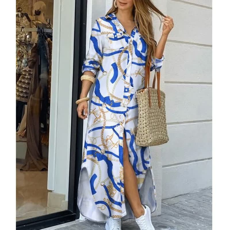 Elegante lange dames street style jurk met knoopsluiting, perfect voor comfortabele zomeroutfits.