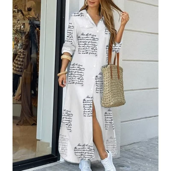 Comfortabele lange dames jurk, perfect voor casual dagen of als veelzijdige zomerjurk met knopen.