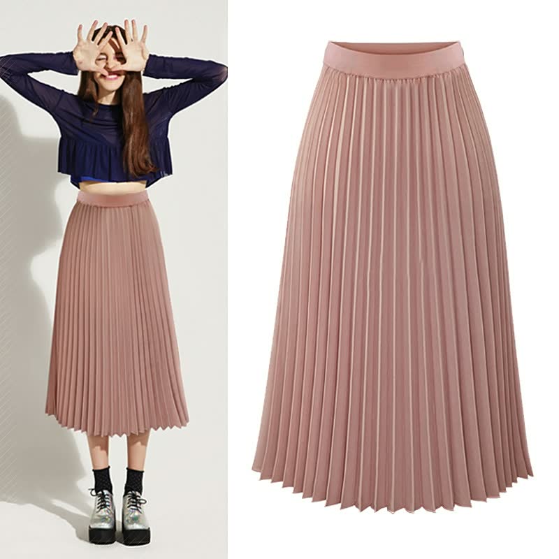 Gedetailleerde foto van een stijlvolle plooi rok voor dames met comfortabele hoge taille.