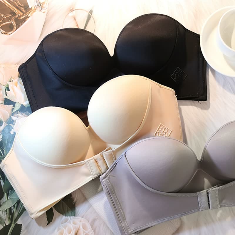 Veelzijdige dames beha, strapless en push-up functionaliteit, verkrijgbaar in zwart, grijs en beige.