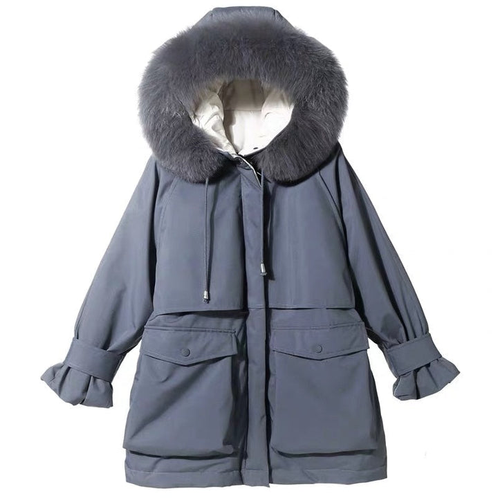 Blauwe elegante thermische damesjas, modieus en warm, ideaal voor de winter. Buitenjas.