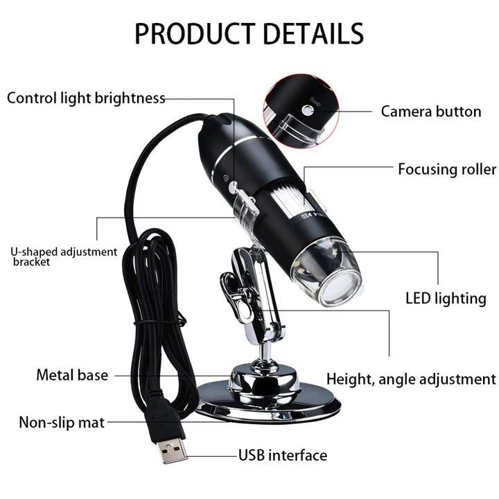 De complete set: digitale microscoop camera, verstelbaar statief en kabels voor PC en telefoon. Veelzijdig gadget.