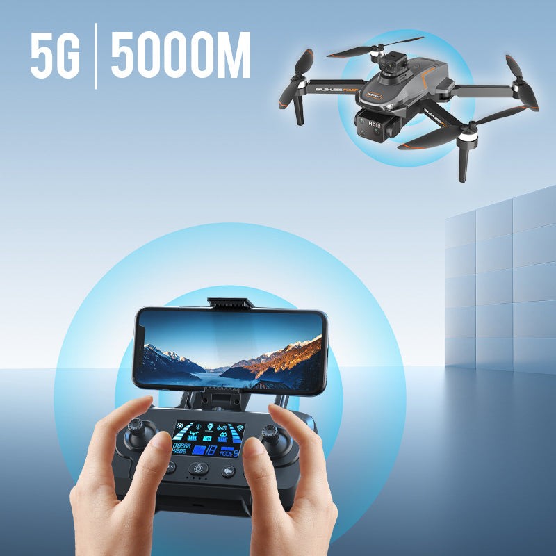 "Professionele drone met dual HD-camera's, opvouwbaar ontwerp, 5G GPS, obstakelvermijding en krachtige motoren."