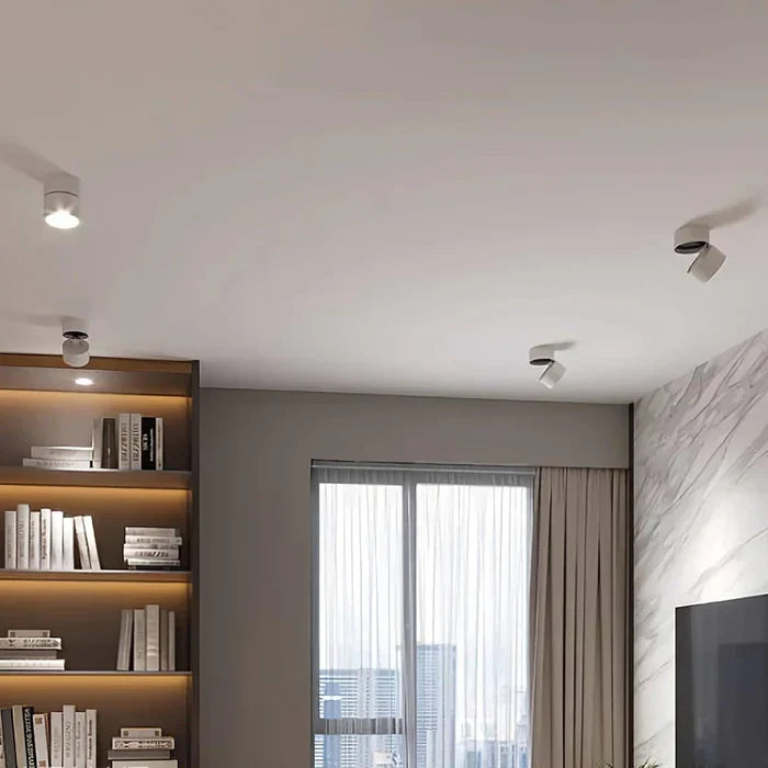 Zwarte LED plafondlamp met 360 graden draaibare spots, maximale flexibiliteit.