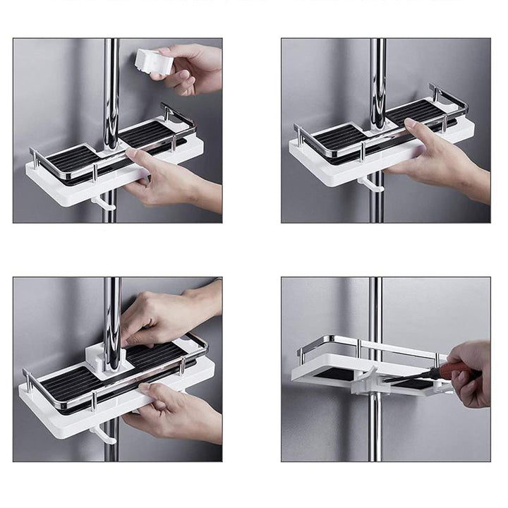 Efficiënte badkamer organizer: een stijlvol, roestvrij aluminium doucherek voor al je accessoires.