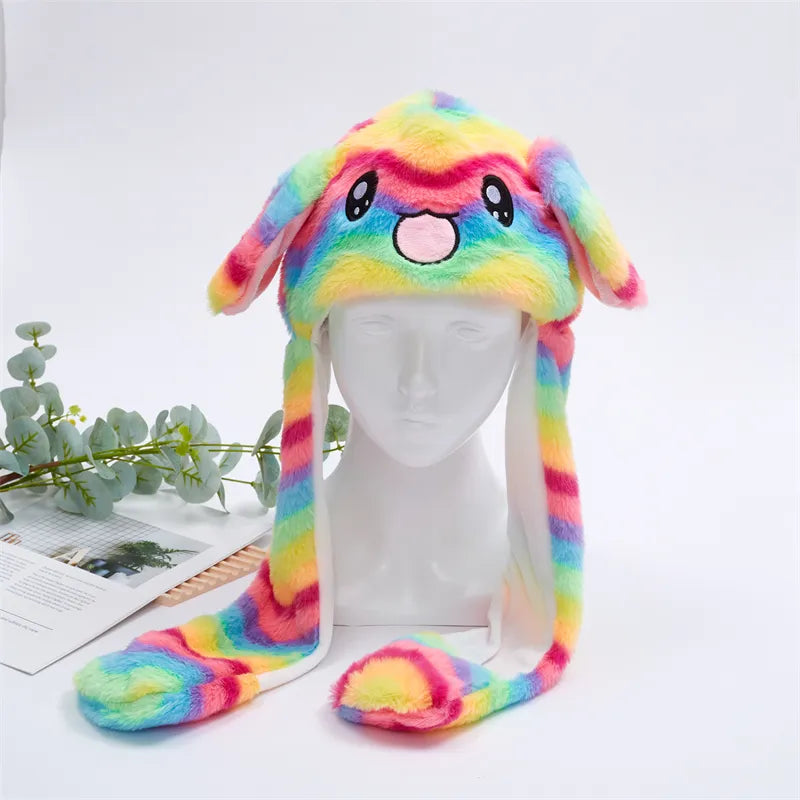Pluizige konijnenmuts met bewegende oren, unisex en schattig voor feestjes en winterdagen.