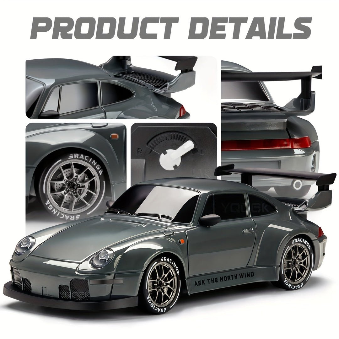 Stoere RC drift auto 1:24, vooraanzicht met lichtgevende wielen en dynamisch design.
