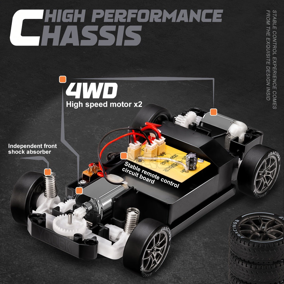 Dynamisch zij-aanzicht van de radiografische drift auto met werkende LED wielen.
