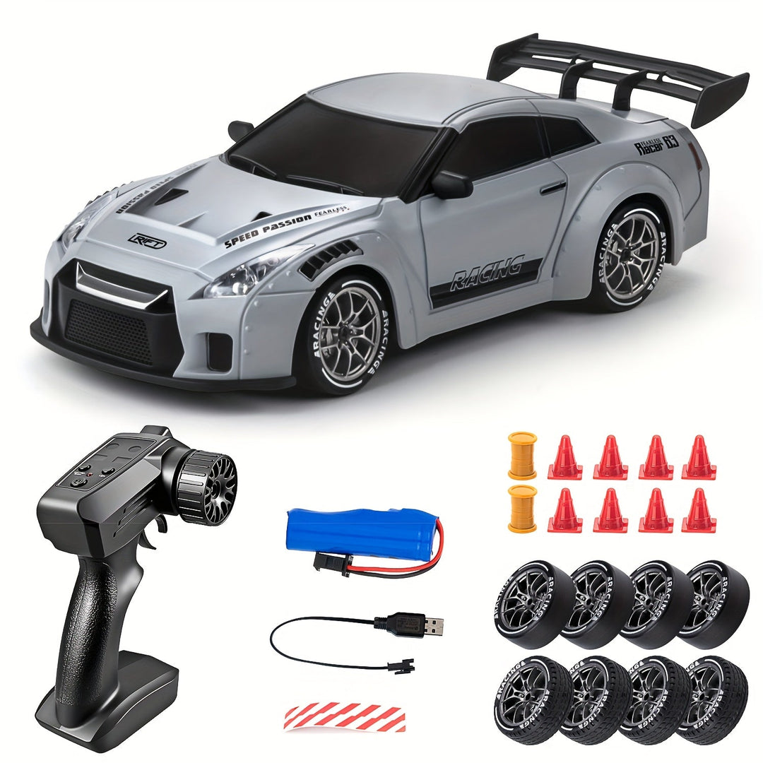 Zwarte RC raceauto 1:24 met felle lichtgevende wielen, ideaal voor avondraces.