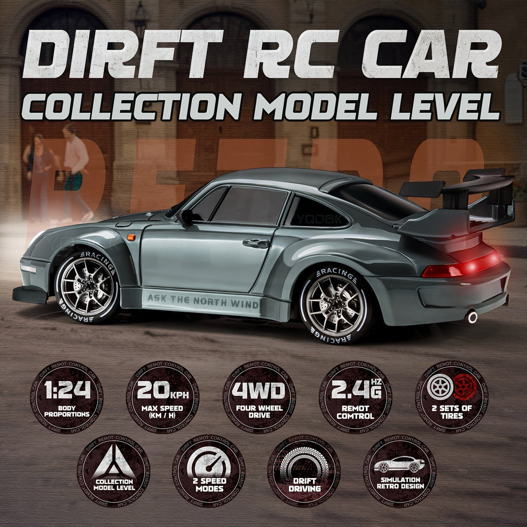 RC drift auto in volle actie, met indrukwekkend spoor van lichtgevende wielen.