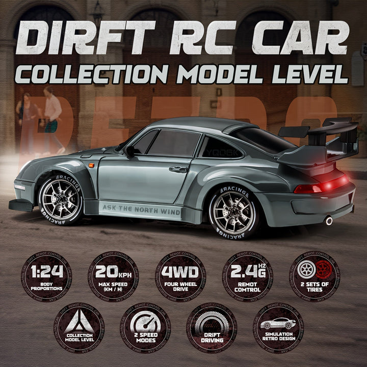 RC drift auto in volle actie, met indrukwekkend spoor van lichtgevende wielen.