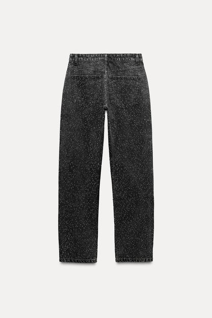 Rechte high-waist jeans, vintage look, lichtblauw, met glitterdetails en rechte pasvorm, ideale trendy damesbroek.
